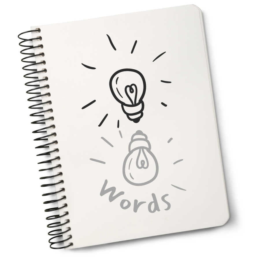 Notebook with doodle of lightbulb reflecting "words" on the paper